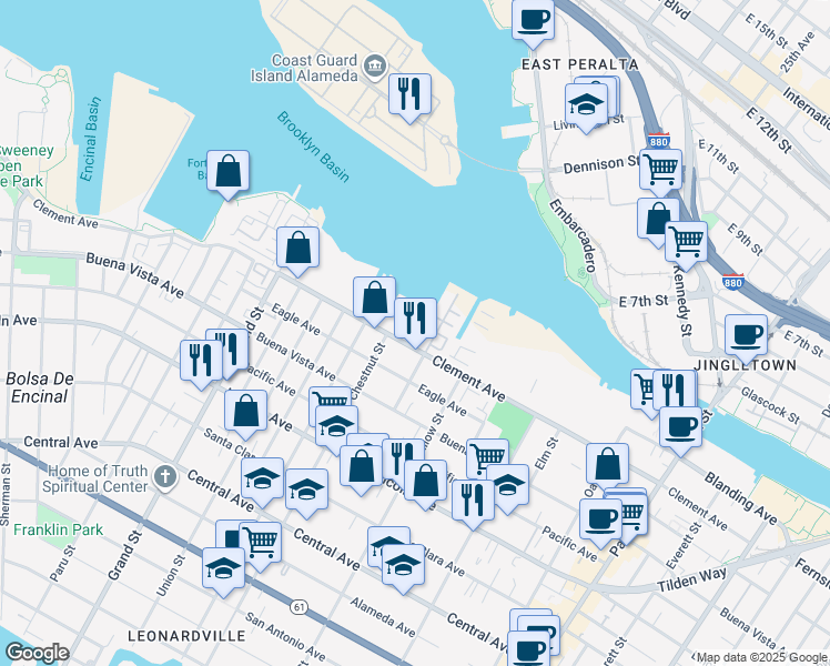 map of restaurants, bars, coffee shops, grocery stores, and more near 2021 Stanford Street in Alameda