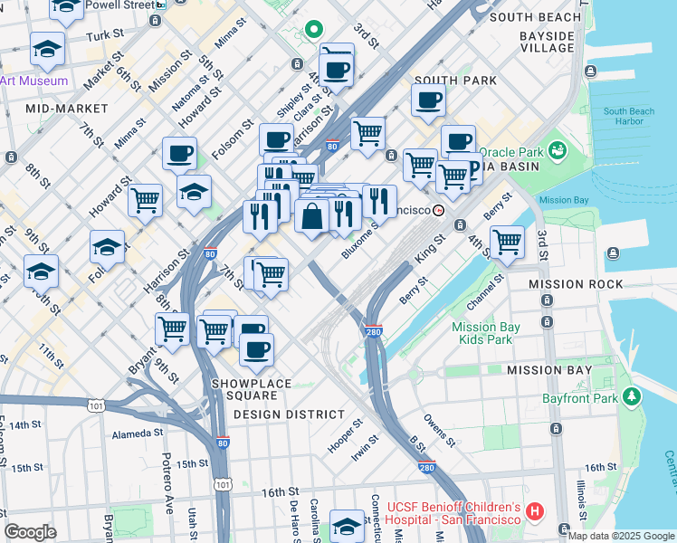 map of restaurants, bars, coffee shops, grocery stores, and more near 175 Bluxome Street in San Francisco