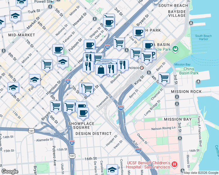 map of restaurants, bars, coffee shops, grocery stores, and more near 178 Bluxome Street in San Francisco