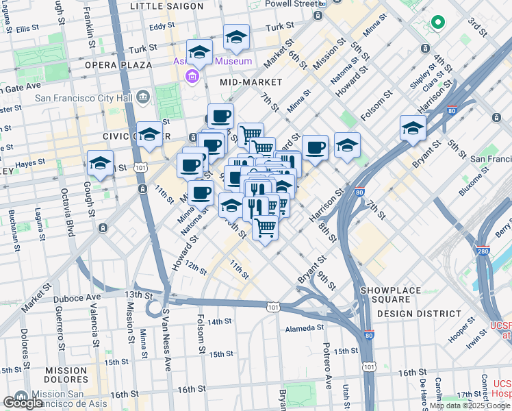 map of restaurants, bars, coffee shops, grocery stores, and more near 784 Clementina Street in San Francisco