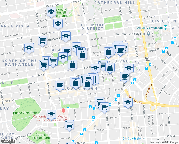 map of restaurants, bars, coffee shops, grocery stores, and more near 630-634 Oak Street in San Francisco