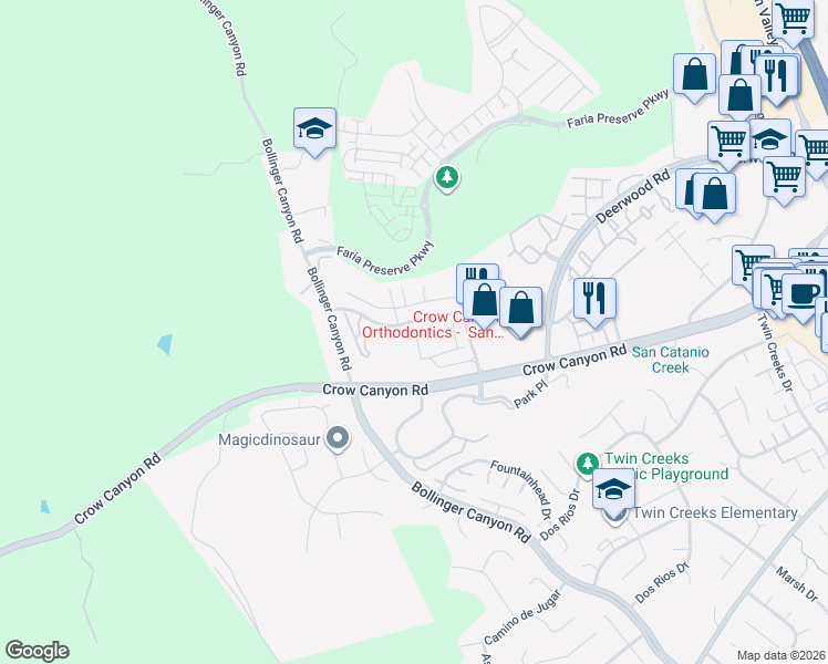map of restaurants, bars, coffee shops, grocery stores, and more near 2 Sandalwood Lane in San Ramon