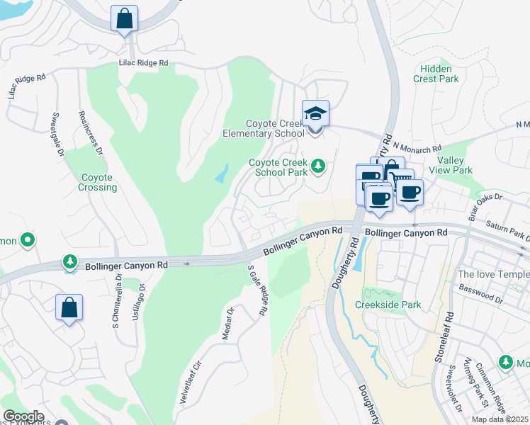 map of restaurants, bars, coffee shops, grocery stores, and more near 7034 Ledgefern Circle in San Ramon