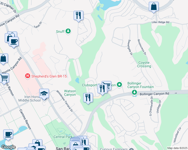 map of restaurants, bars, coffee shops, grocery stores, and more near 725 Watson Canyon Court in San Ramon