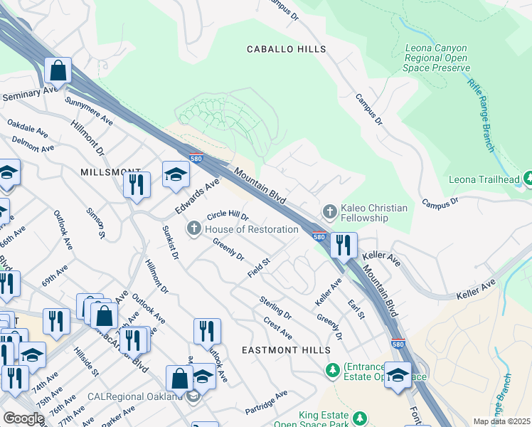 map of restaurants, bars, coffee shops, grocery stores, and more near 7542 Circle Hill Drive in Oakland