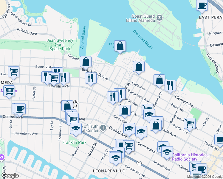 map of restaurants, bars, coffee shops, grocery stores, and more near 1708 Paru Street in Alameda