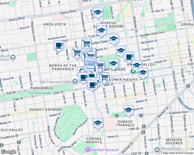 map of restaurants, bars, coffee shops, grocery stores, and more near 1152 Fell Street in San Francisco