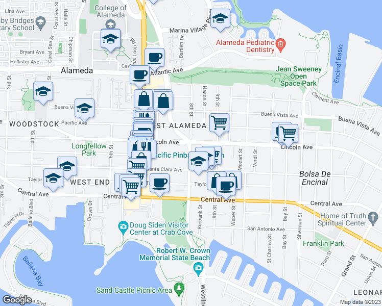 map of restaurants, bars, coffee shops, grocery stores, and more near 1524 8th Street in Alameda