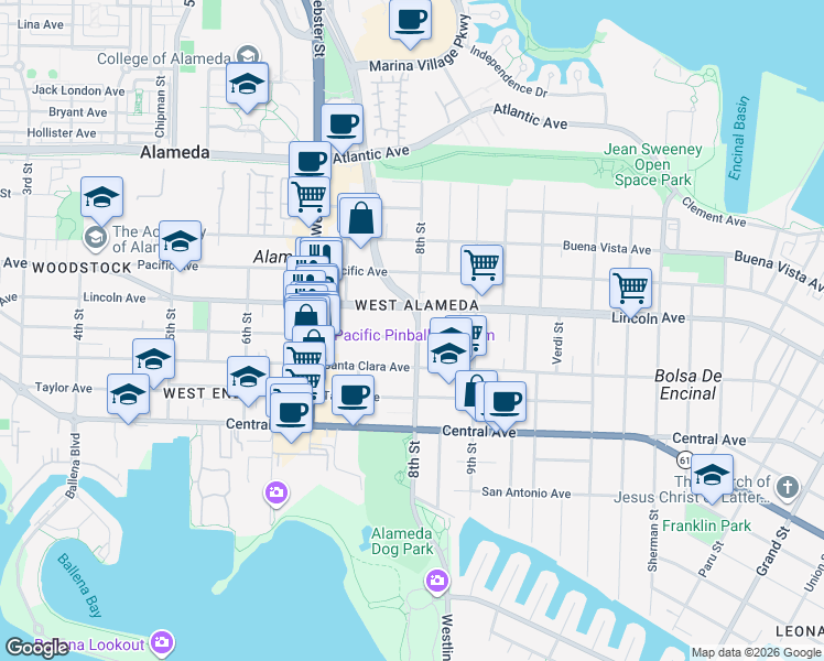 map of restaurants, bars, coffee shops, grocery stores, and more near 1524 8th Street in Alameda