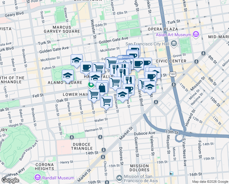 map of restaurants, bars, coffee shops, grocery stores, and more near Oak St & Buchanan St in San Francisco