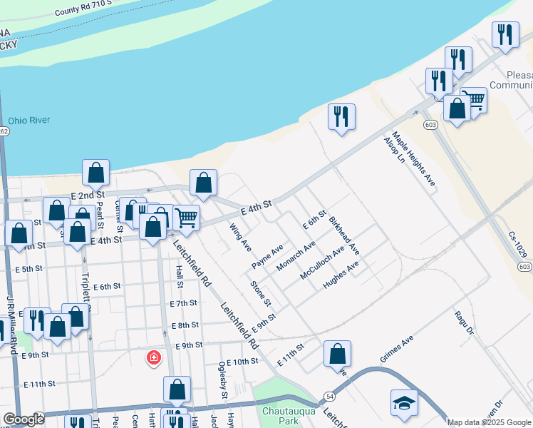map of restaurants, bars, coffee shops, grocery stores, and more near 417 West Highland Court in Owensboro