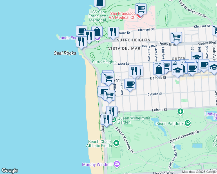 map of restaurants, bars, coffee shops, grocery stores, and more near 740 La Playa Street in San Francisco