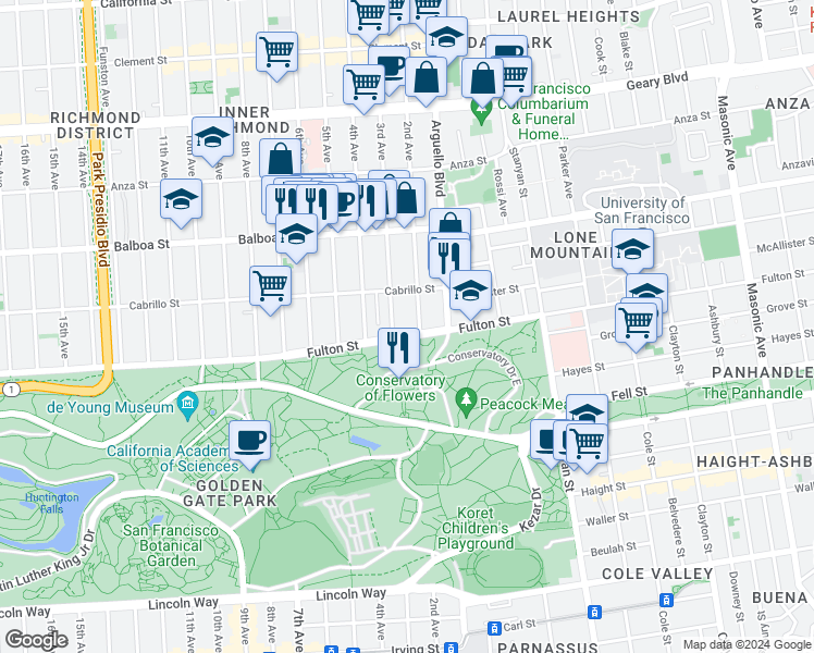 map of restaurants, bars, coffee shops, grocery stores, and more near 2626 Fulton Street in San Francisco