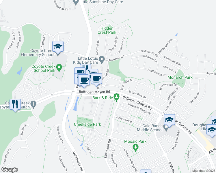 map of restaurants, bars, coffee shops, grocery stores, and more near 9784 Belladonna Drive in San Ramon