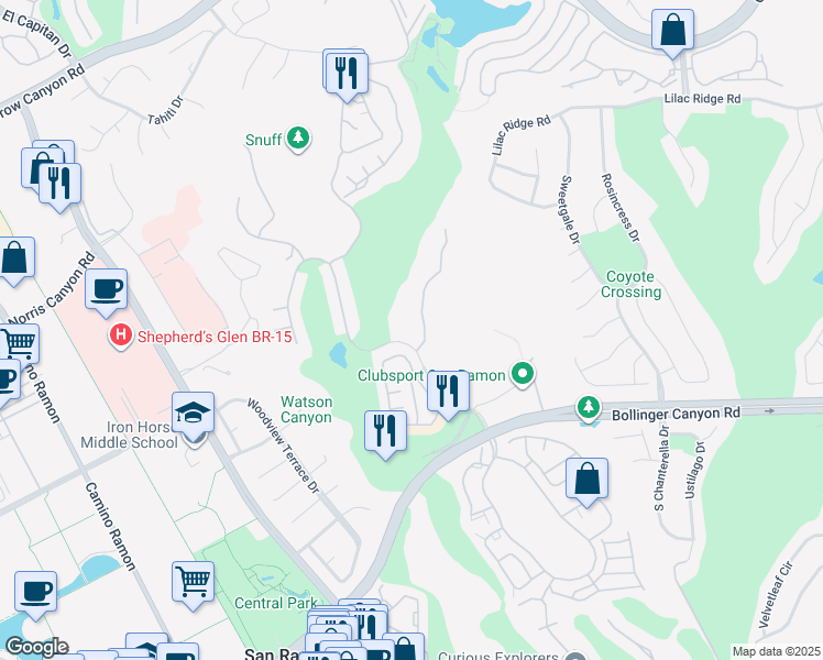 map of restaurants, bars, coffee shops, grocery stores, and more near 705 Watson Canyon Court in San Ramon