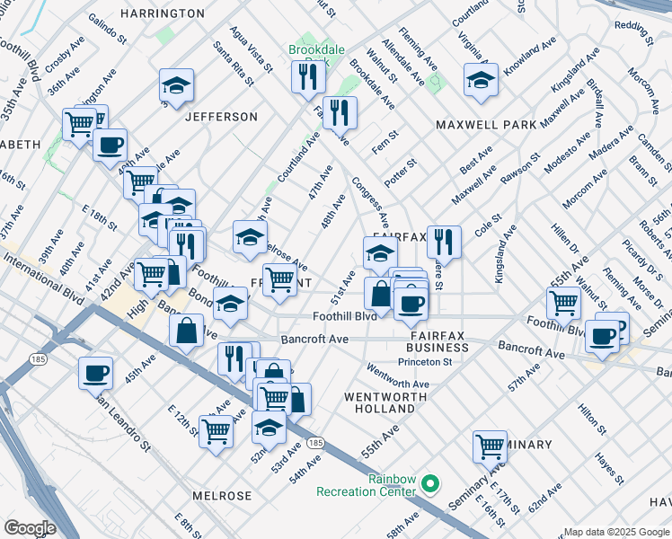 map of restaurants, bars, coffee shops, grocery stores, and more near 2122 50th Avenue in Oakland