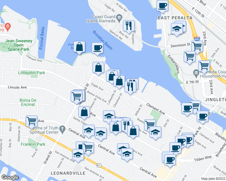 map of restaurants, bars, coffee shops, grocery stores, and more near 1921 Lafayette Street in Alameda