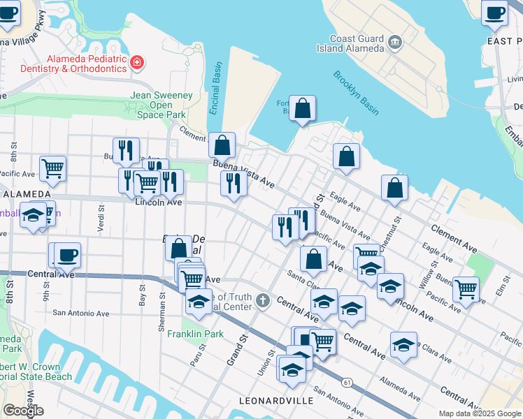 map of restaurants, bars, coffee shops, grocery stores, and more near 1582 Pacific Avenue in Alameda