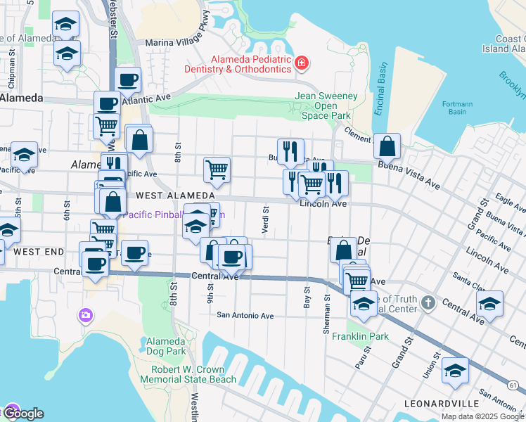 map of restaurants, bars, coffee shops, grocery stores, and more near 1542 Mozart Street in Alameda