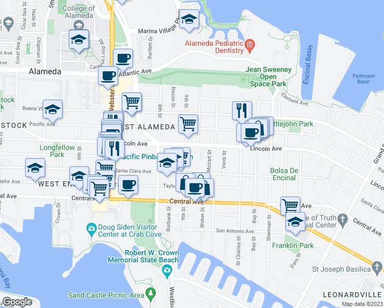 map of restaurants, bars, coffee shops, grocery stores, and more near 2 Mastick Court in Alameda