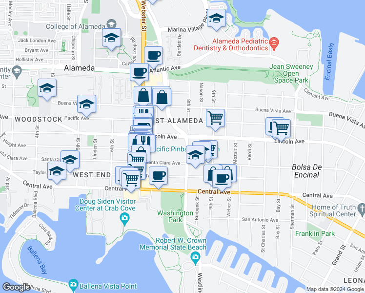 map of restaurants, bars, coffee shops, grocery stores, and more near 1524 8th Street in Alameda