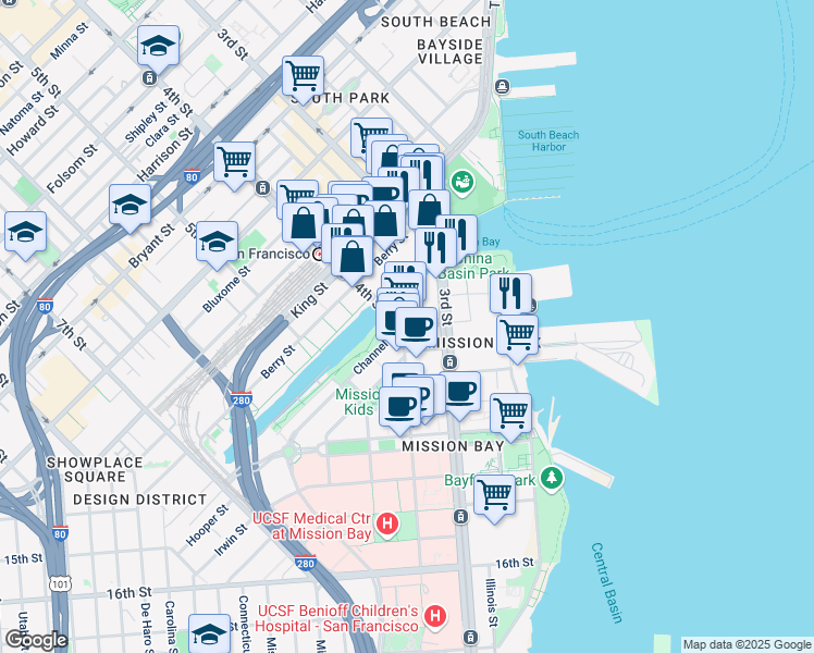map of restaurants, bars, coffee shops, grocery stores, and more near 112 Channel Street in San Francisco