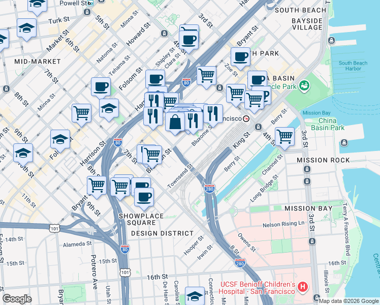 map of restaurants, bars, coffee shops, grocery stores, and more near 178 Bluxome Street in San Francisco