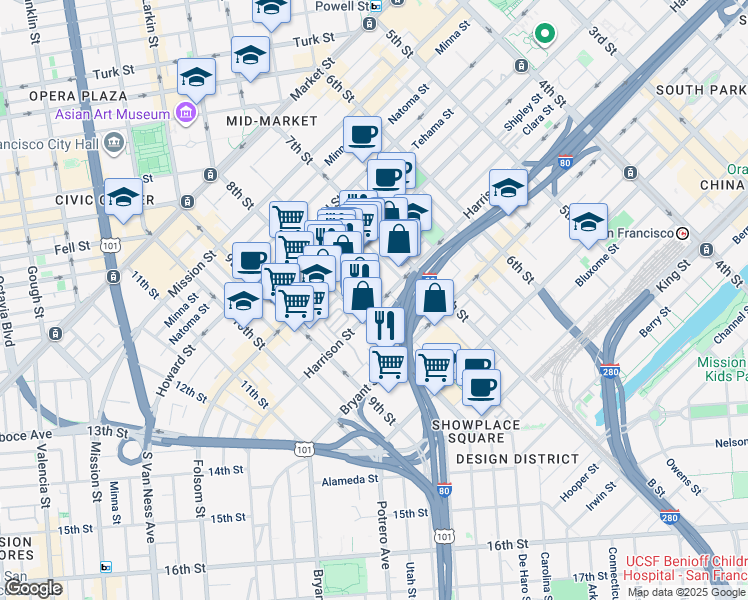 map of restaurants, bars, coffee shops, grocery stores, and more near in San Francisco