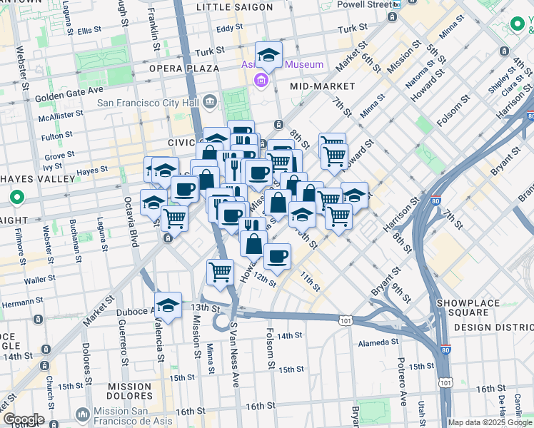 map of restaurants, bars, coffee shops, grocery stores, and more near 1453 Mission Street in San Francisco