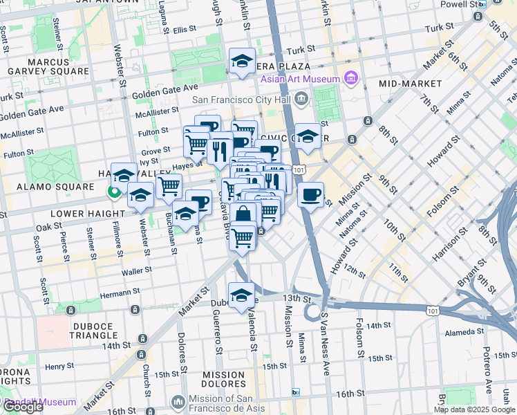 map of restaurants, bars, coffee shops, grocery stores, and more near 118 Gough Street in San Francisco