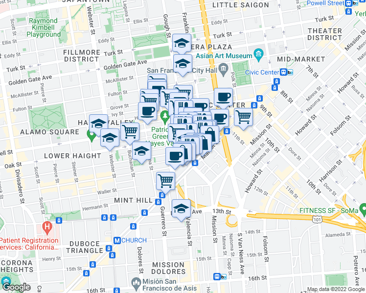 map of restaurants, bars, coffee shops, grocery stores, and more near 118 Gough Street in San Francisco