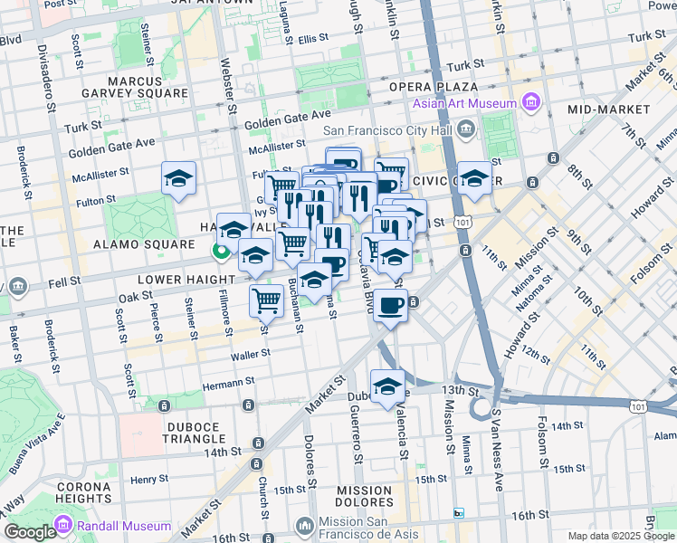 map of restaurants, bars, coffee shops, grocery stores, and more near 383 Oak Street in San Francisco