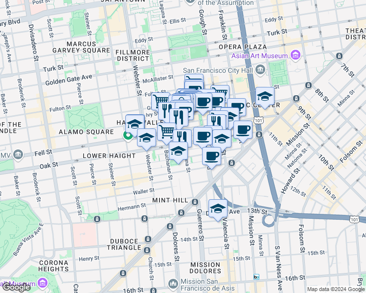 map of restaurants, bars, coffee shops, grocery stores, and more near 383 Oak Street in San Francisco