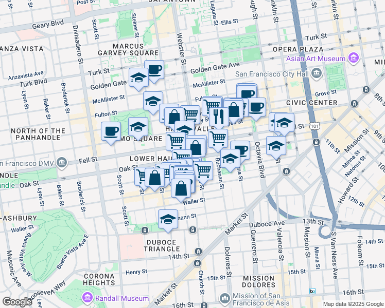 map of restaurants, bars, coffee shops, grocery stores, and more near 638 Oak Street in San Francisco