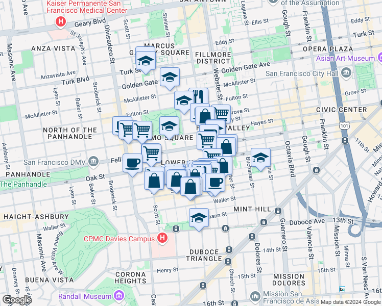 map of restaurants, bars, coffee shops, grocery stores, and more near 919 Fell Street in San Francisco