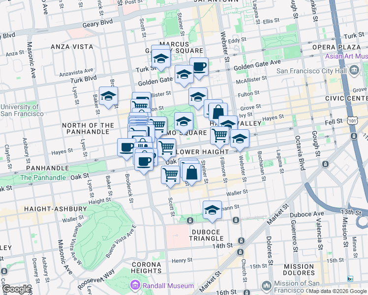 map of restaurants, bars, coffee shops, grocery stores, and more near 999 Fell Street in San Francisco