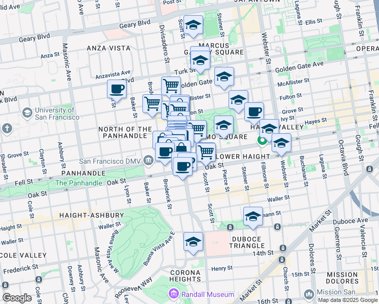 map of restaurants, bars, coffee shops, grocery stores, and more near 528 Divisadero Street in San Francisco