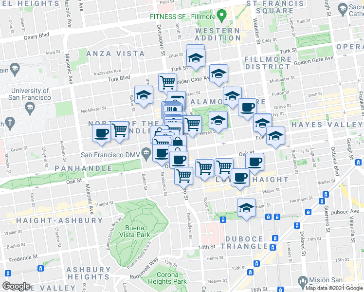 map of restaurants, bars, coffee shops, grocery stores, and more near 528 Divisadero Street in San Francisco