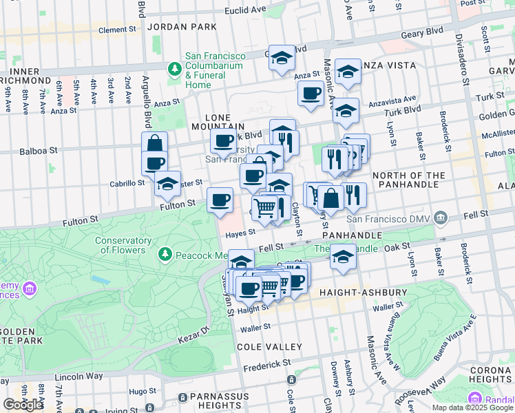map of restaurants, bars, coffee shops, grocery stores, and more near 40 Shrader Street in San Francisco