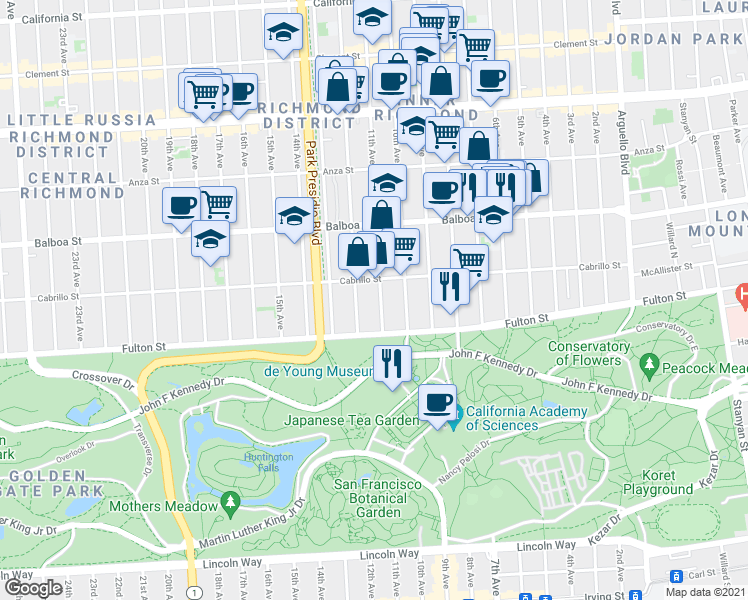 map of restaurants, bars, coffee shops, grocery stores, and more near 730 11th Avenue in San Francisco