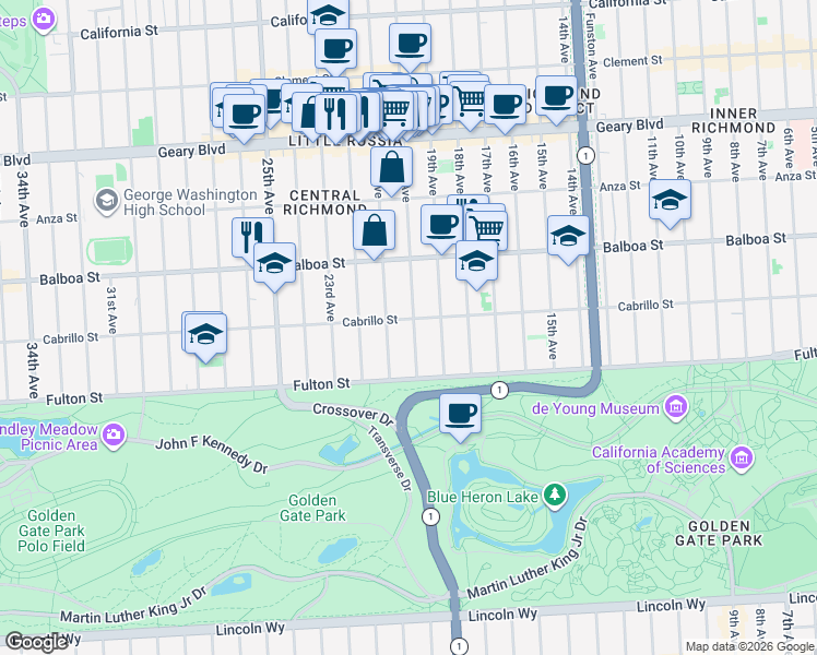 map of restaurants, bars, coffee shops, grocery stores, and more near 1925 Cabrillo Street in San Francisco