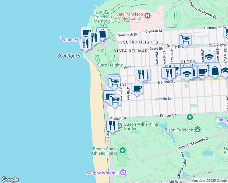 map of restaurants, bars, coffee shops, grocery stores, and more near 740 La Playa Street in San Francisco