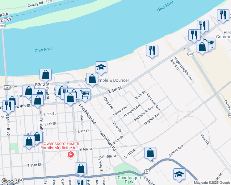 map of restaurants, bars, coffee shops, grocery stores, and more near 417 W Highland Ct in Owensboro