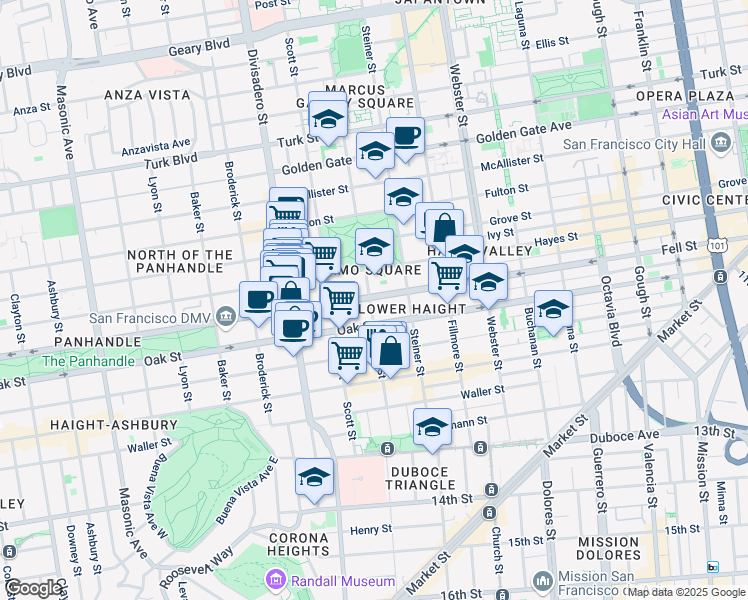 map of restaurants, bars, coffee shops, grocery stores, and more near 999 Fell Street in San Francisco