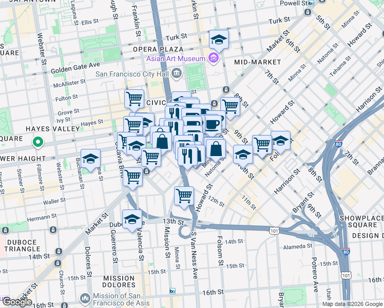 map of restaurants, bars, coffee shops, grocery stores, and more near 1504 Mission Street in San Francisco