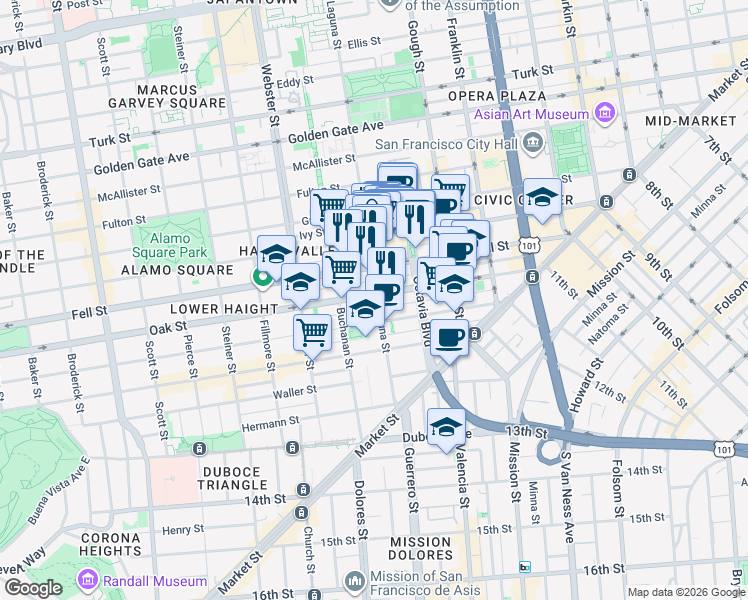map of restaurants, bars, coffee shops, grocery stores, and more near 383 Oak Street in San Francisco