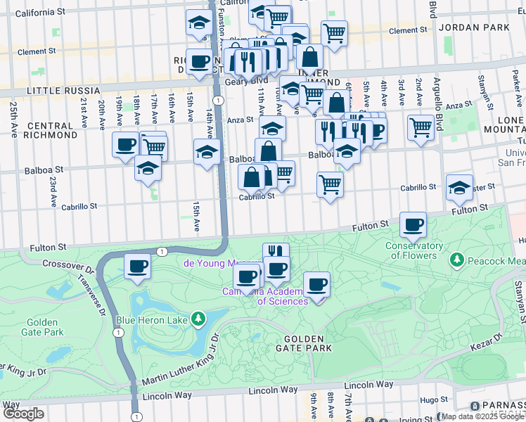 map of restaurants, bars, coffee shops, grocery stores, and more near 735 11th Avenue in San Francisco