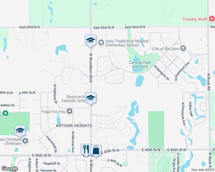 map of restaurants, bars, coffee shops, grocery stores, and more near 6621 East Summerside Place in Bel Aire