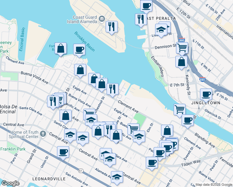 map of restaurants, bars, coffee shops, grocery stores, and more near 2033 Clement Avenue in Alameda