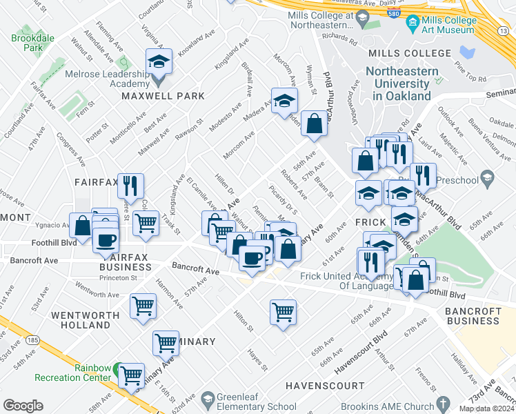 map of restaurants, bars, coffee shops, grocery stores, and more near 5600 Fleming Avenue in Oakland